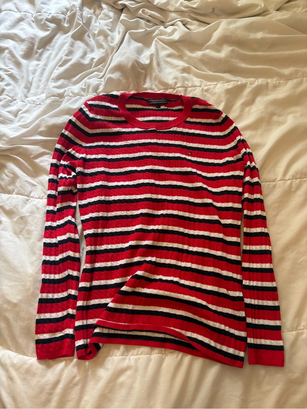Tommy Hilfiger Red, Black & White Striped Crewneck Sweater
